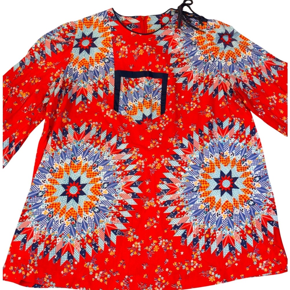 Vintage 70s Jori California Top Size 14 Red Patchwork Quilt Print Cotton Hippie